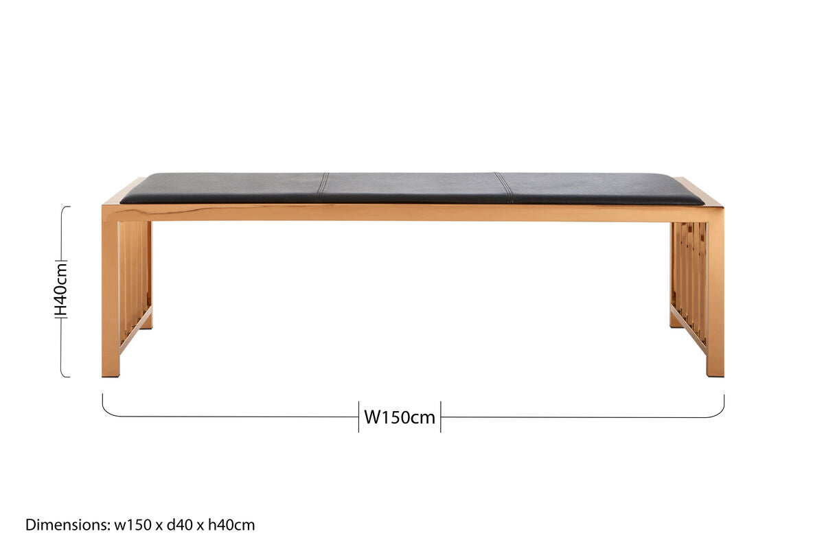 Novara Black Genuine Leather Bench with Rose Gold Frame