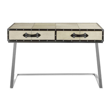 Hair-On-Leather Mango Wood Two-Drawer Console Table with Polished Stainless Steel Legs | Kensington Townhouse