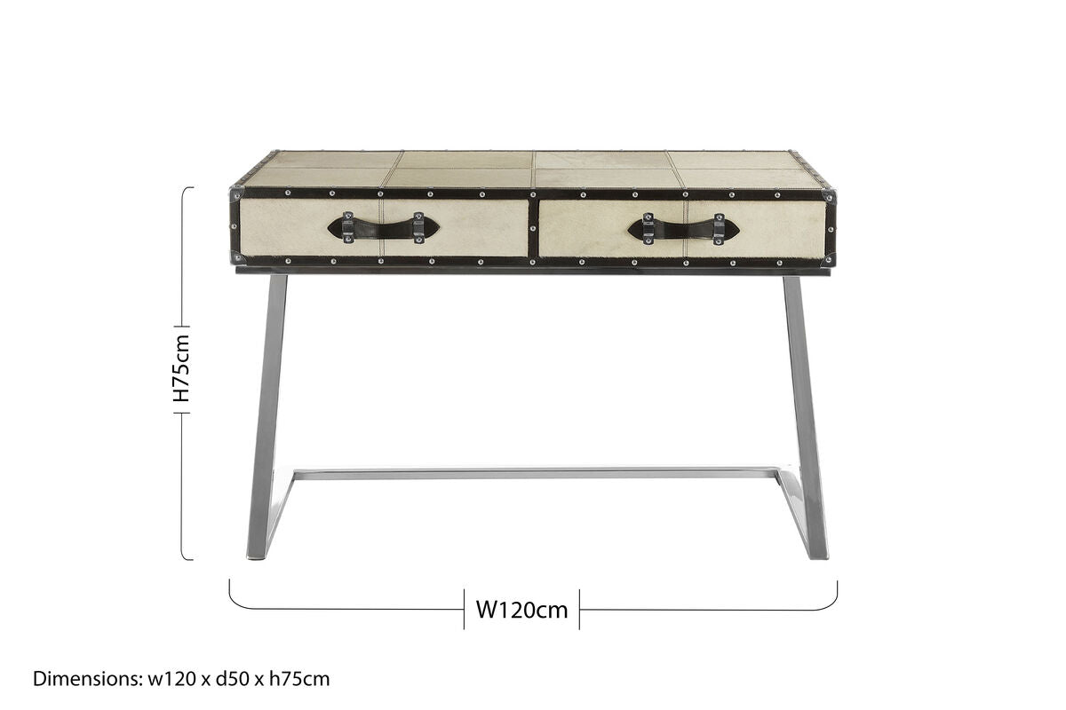 Hair-On-Leather Mango Wood Two-Drawer Console Table with Polished Stainless Steel Legs | Kensington Townhouse