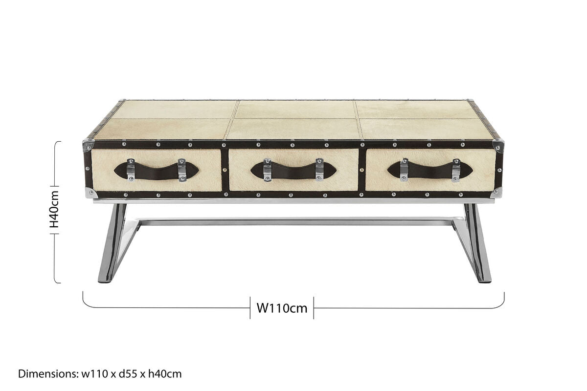 Mango Wood Three-Drawer Coffee Table with Leather Handles Black Trim and Stud Detailing | Kensington Townhouse