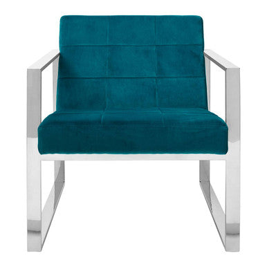 Vogue Teal Velvet Lounge Chair with Polished Stainless Steel Frame