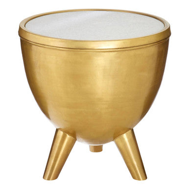 Gold Metallic Finish Side Table with Natural White Marble Top and Tapered Legs, Crest