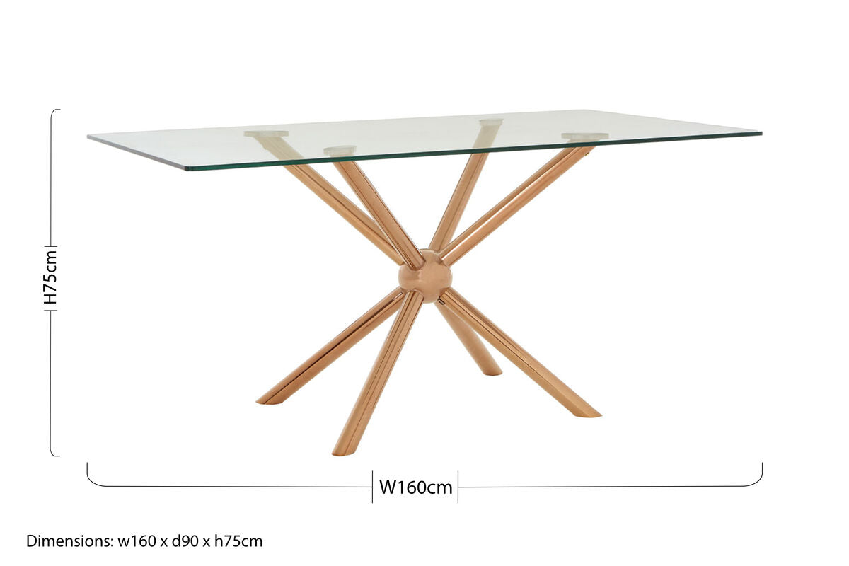 Clear Tempered Glass Top Dining Table with Rose Gold Metallic Sphere Base | Novo