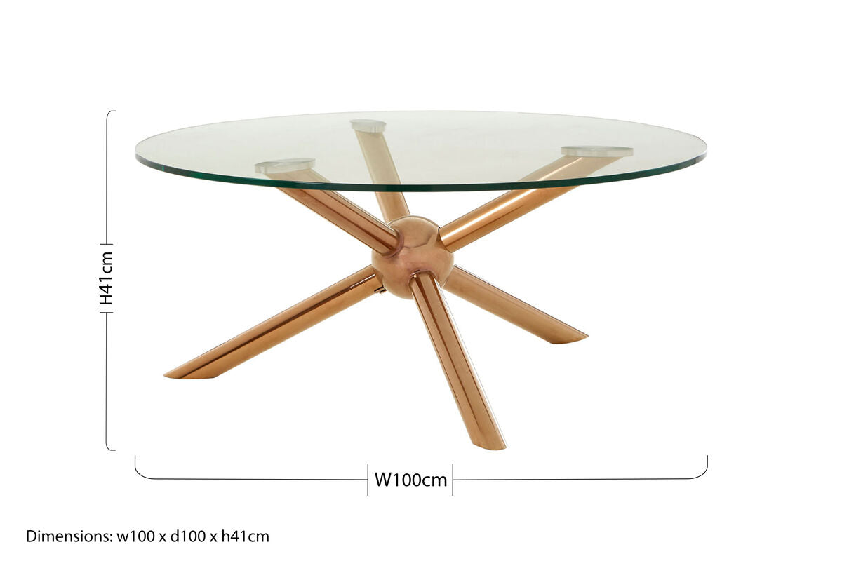Clear Tempered Glass Top Dining Table with Rose Gold Angled Stainless Steel Legs | Novo