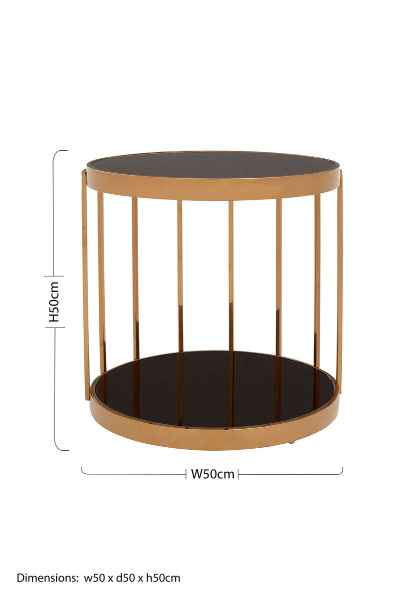 Rose Gold Steel Cage Design Frame Side Table with Tempered Black Glass | Novo