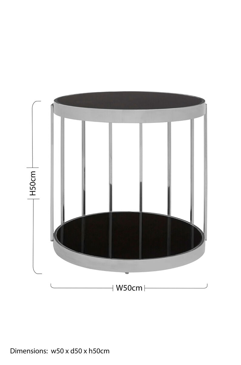 Silver Steel Cage Design Frame Side Table with Tempered Black Glass | Novo