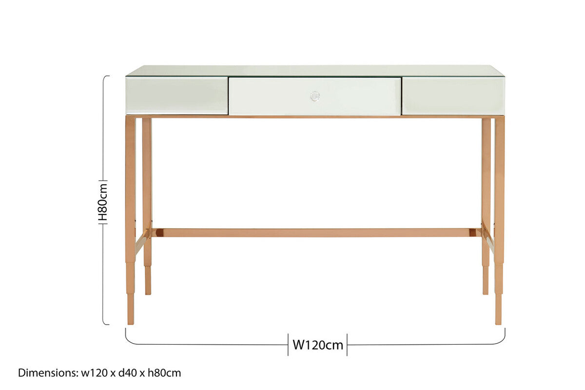 Rose Gold Console Table with Mirrored Glass Top and Drawer | Goldie