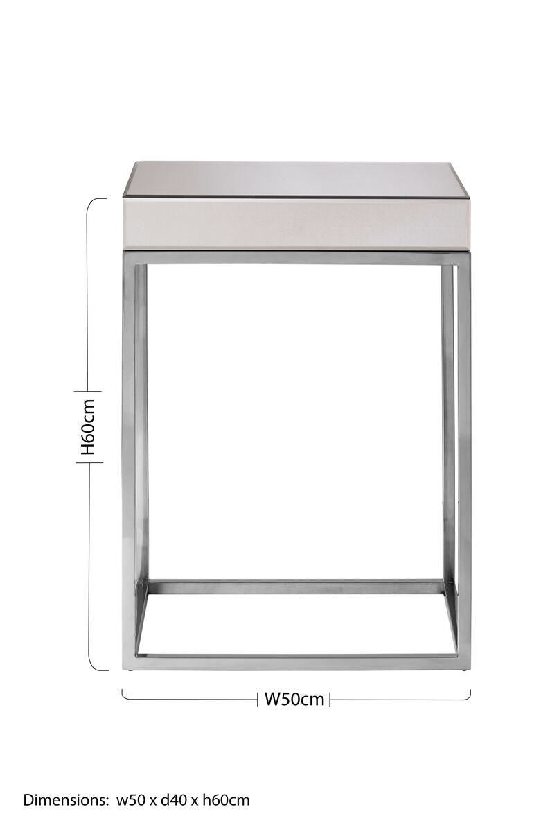 Silver Mirrored and Wooden Side Table with Stainless Steel Frame | Gianna