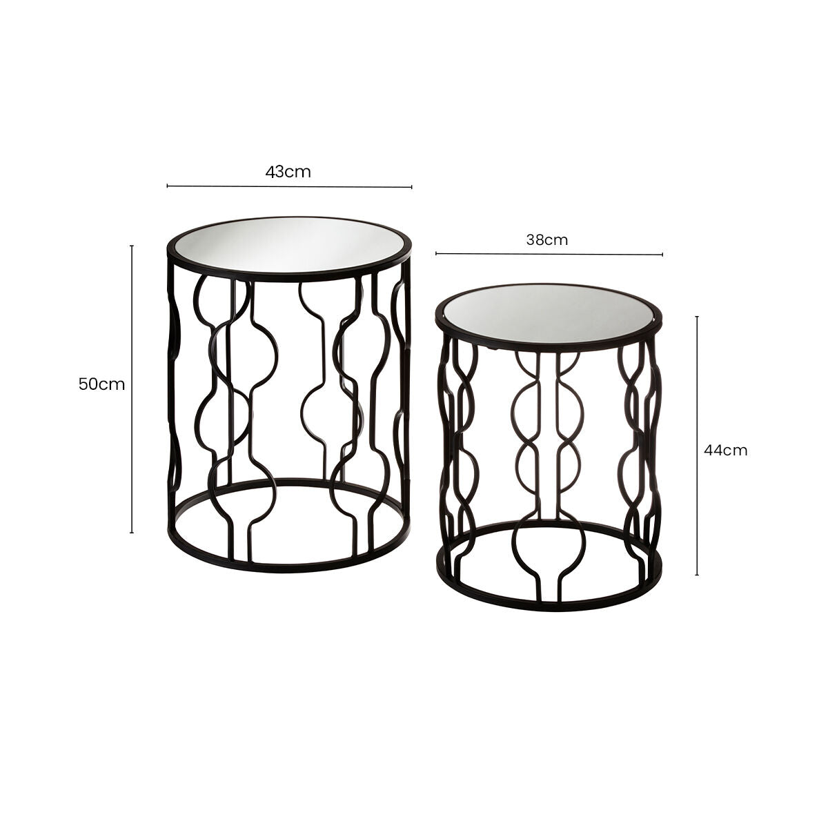 Set of 2 Black Metal Base Side Tables with Arabesque Detailing and Mirrored Glass Tops | Avantis