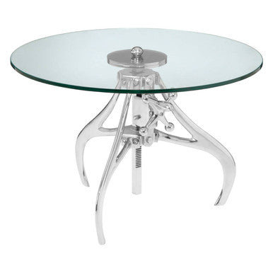 Clear Glass Top Accent Table with Silver Height Adjustable Crank Mechanism Metal Frame, Maxi