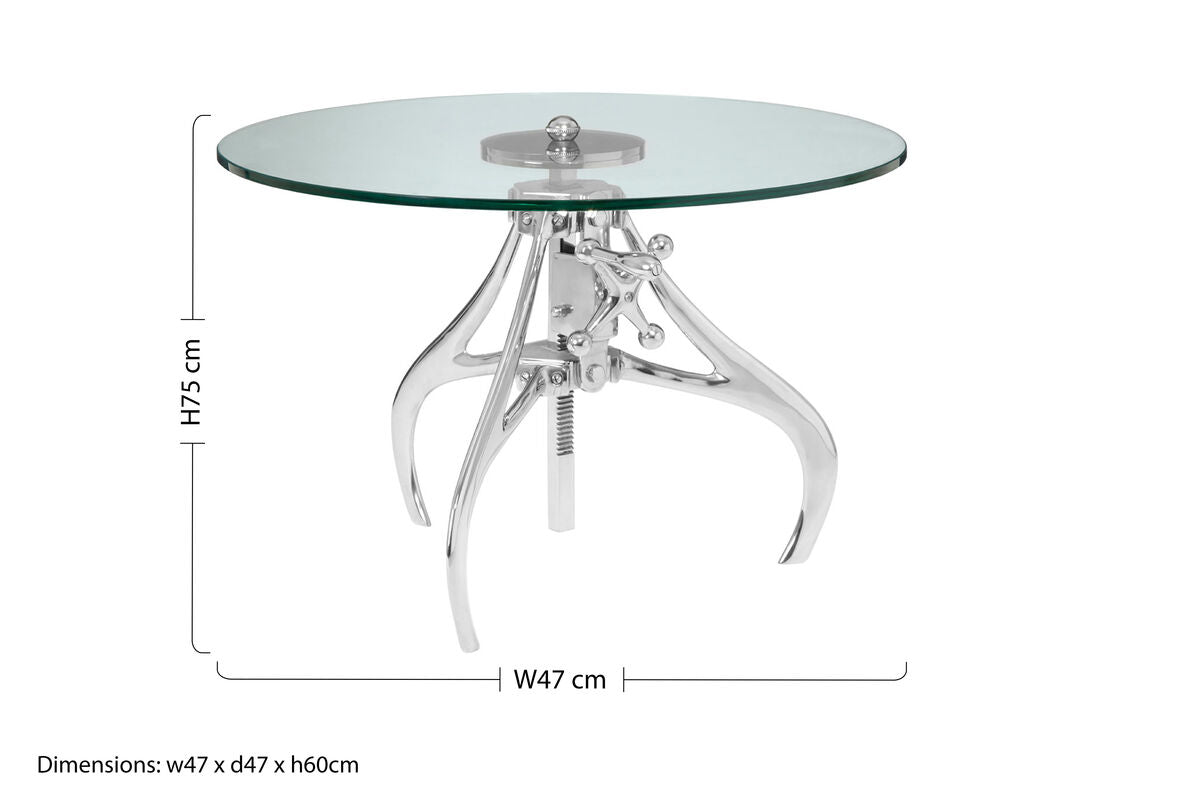 Clear Glass Top Accent Table with Silver Height Adjustable Crank Mechanism Metal Frame | Maxi