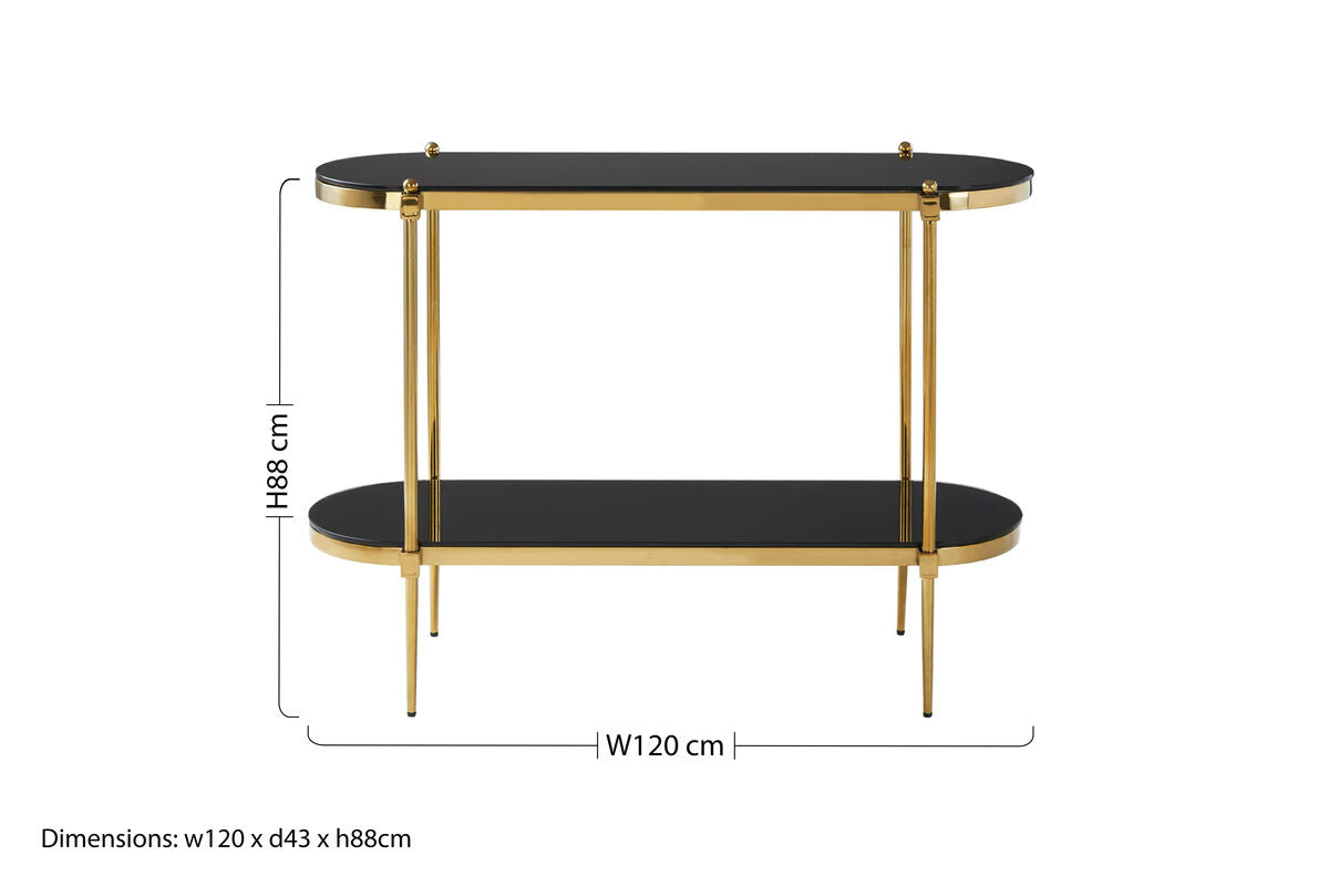 Gold Stainless Steel Frame 2-Tier Console Table with Double Black Tempered Glass Tiers | Arezzo