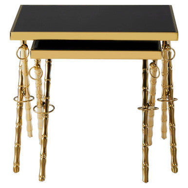 Set of 2 Gold Finish Stainless Steel Frame Nesting Tables with Black Glass Tops | Arezzo