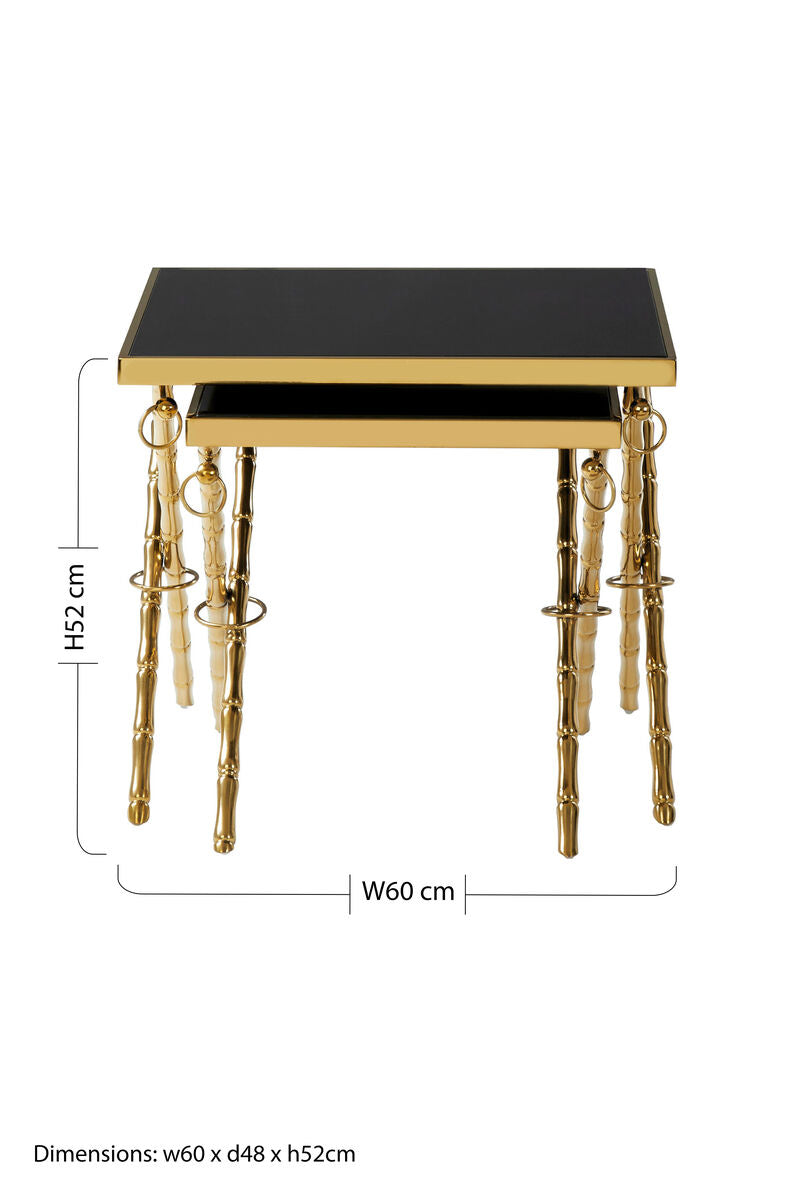 Set of 2 Gold Finish Stainless Steel Frame Nesting Tables with Black Glass Tops | Arezzo