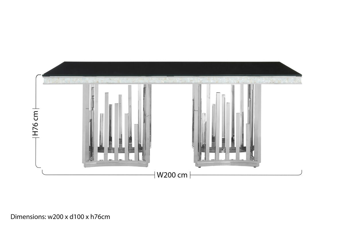 Rectangular Black Tempered Glass Top Dining Table with Silver Steel Frame | Eliza