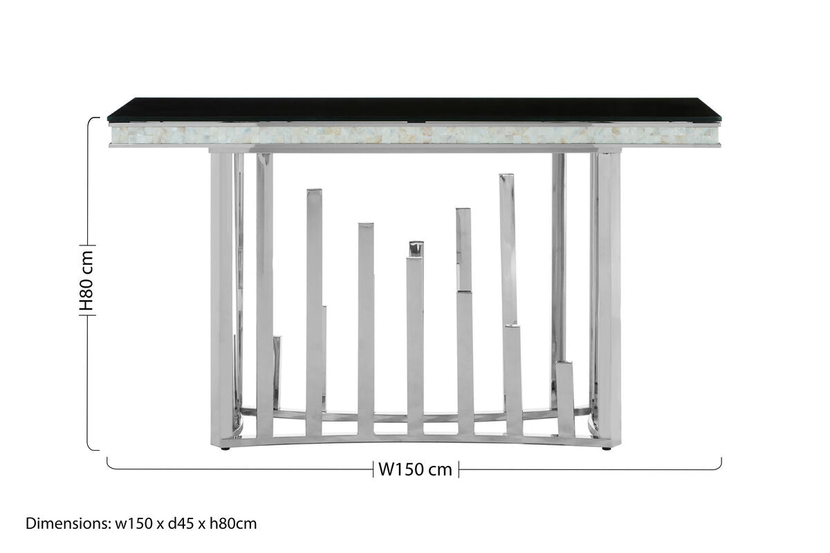Rectangular Black Tempered Glass Top Console Table with Silver Steel Frame | Eliza