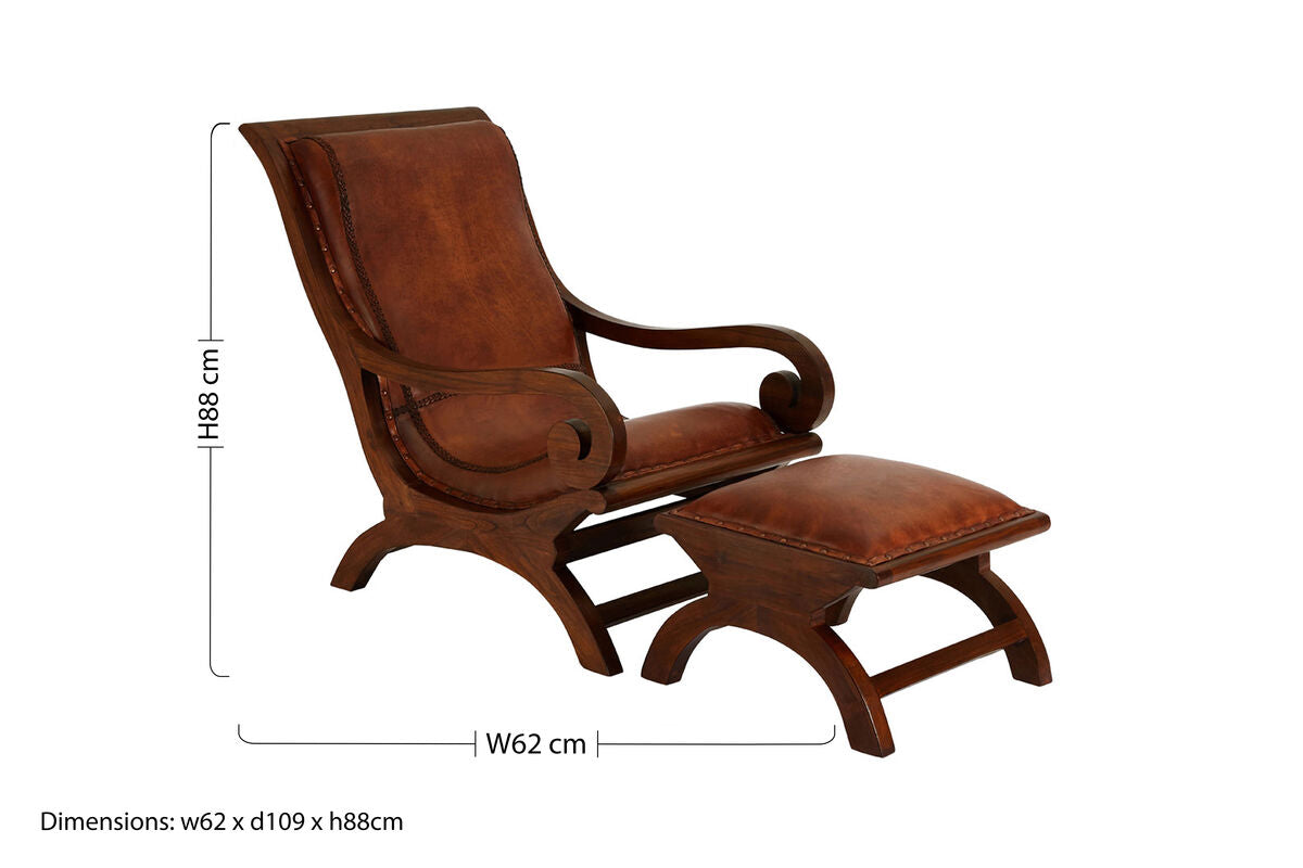 Inca Brown Leather Lounge Chair and Footstool with Teak Wood Frame