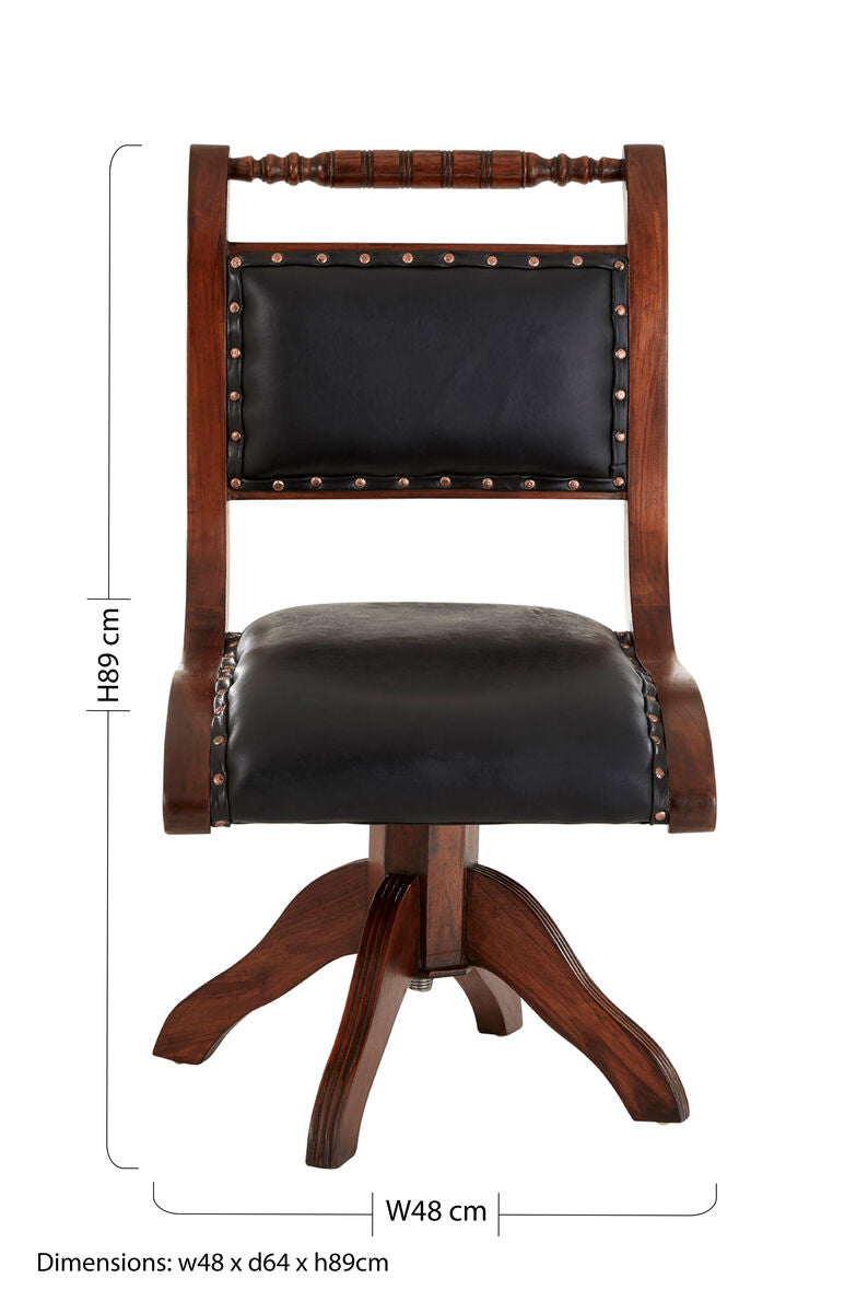 Inca Black Leather and Teak Wood Swivel Chair