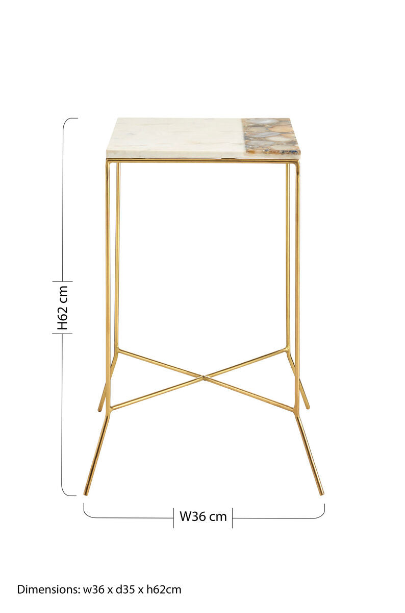 Gold Square Side Table with Agate Stone and White Marble | Vizzini