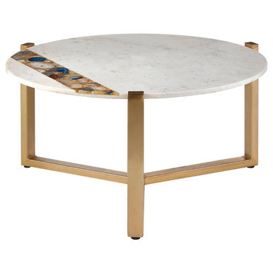 White Marble and Agate Top Round Coffee Table with Brass Iron Legs | Vizzini
