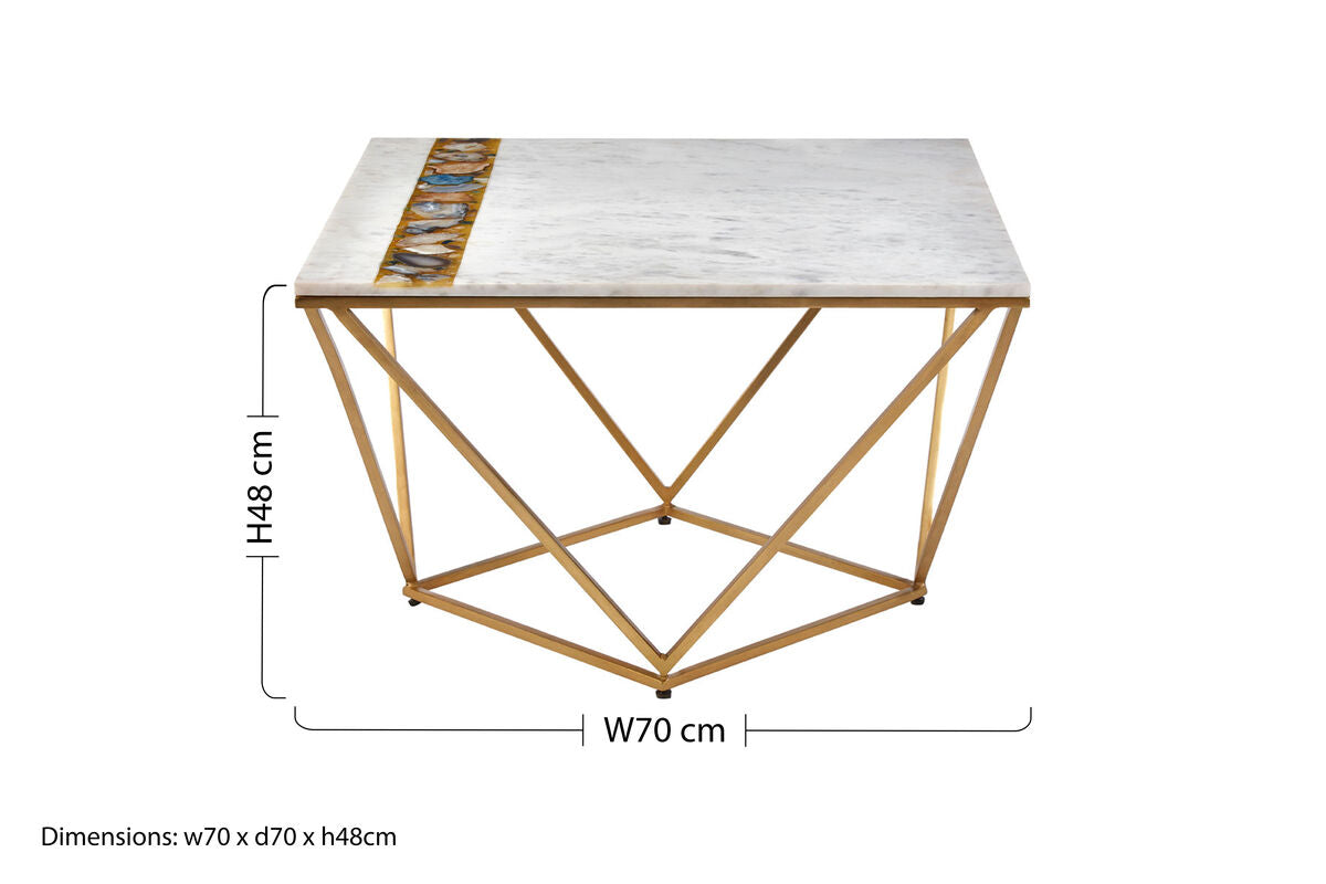 White Marble Top Square Coffee Table with Semi Precious Agate Stone Inlay | Vizzini