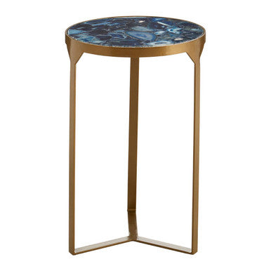 Round Polished Blue Agate Side Table with Gold Intersecting Legs | Vizzini