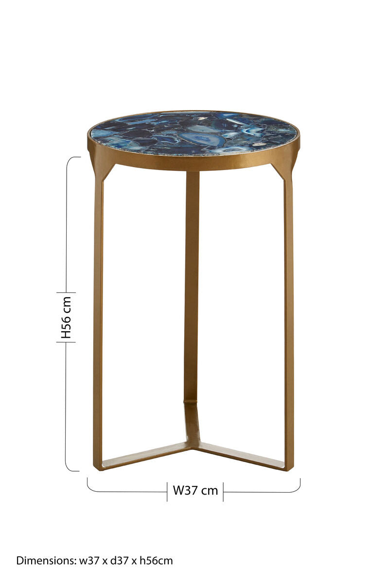 Round Polished Blue Agate Side Table with Gold Intersecting Legs | Vizzini