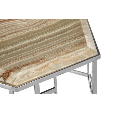 Natural Onyx Stone Top Hexagonal Coffee Table with Wavy Banding and Silver Stainless Steel Frame | Relic