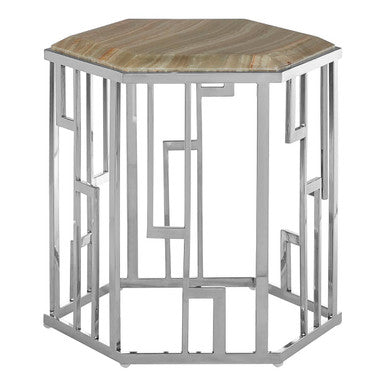 Natural Onyx Stone Top Hexagonal Side Table with Wavy Banding and Silver Stainless Steel Frame | Relic