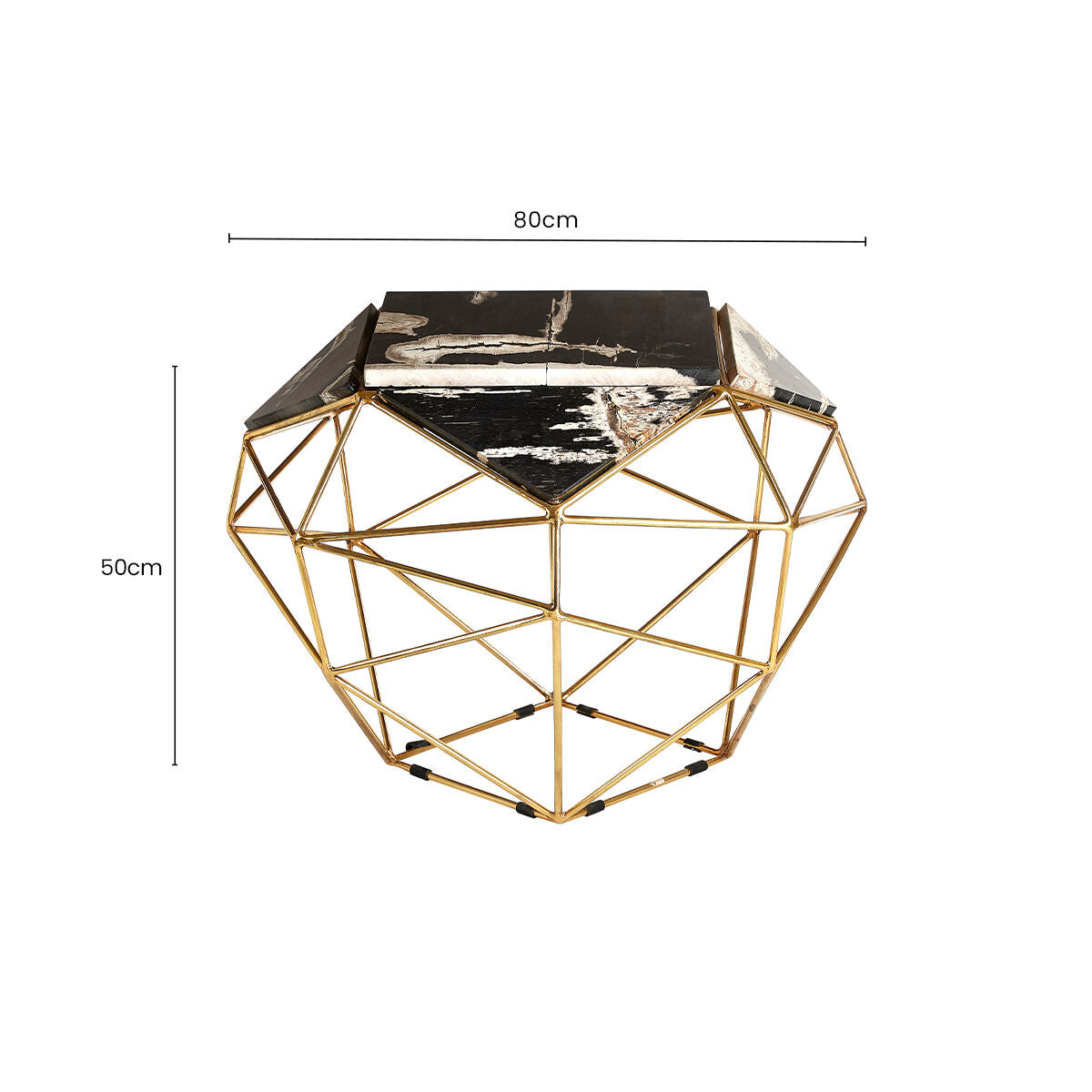 Dark Petrified Wood Top Rectangular Side Table with Gold Brass Tone Iron Base | Relic