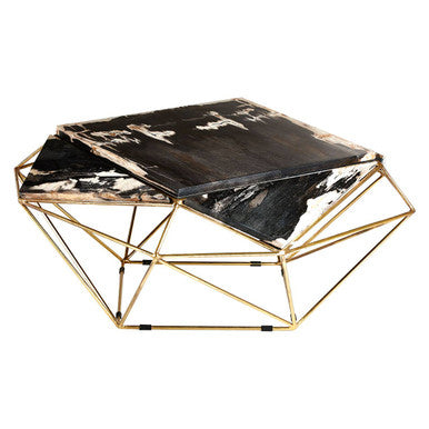 Rustic Dark Petrified Wood Coffee Table with Gold Brass Geometric Frame, Relic
