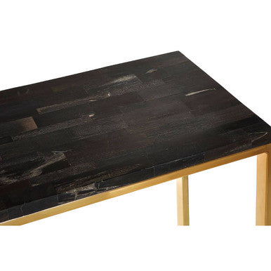 Dark Petrified Wood Top Console Table with Brass Finish Geometric Frame | Relic