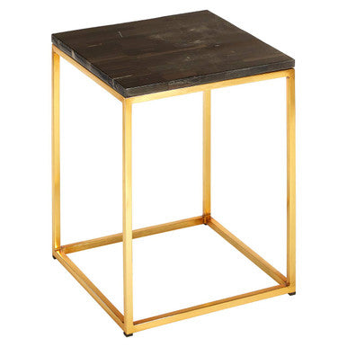 Black Petrified Wood Top Square Side Table with Gold Warm Brass Iron Base | Relic