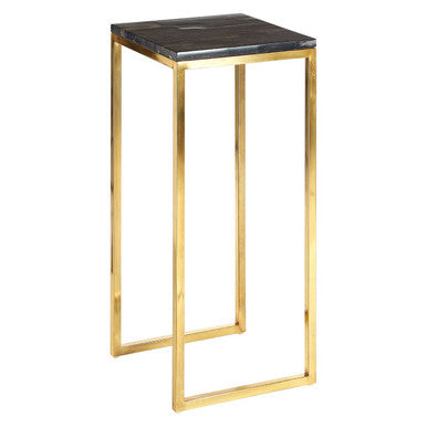 Black Petrified Wood Top Square Pedestal Side Table with Gold Warm Brass Iron Base | Relic