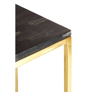 Black Petrified Wood Top Square Pedestal Side Table with Gold Warm Brass Iron Base | Relic