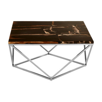 Dark Petrified Wood Top Coffee Table with Prominent Graining and Silver Stainless Steel Frame | Relic