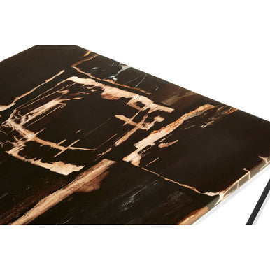 Dark Petrified Wood Top Coffee Table with Prominent Graining and Silver Stainless Steel Frame | Relic