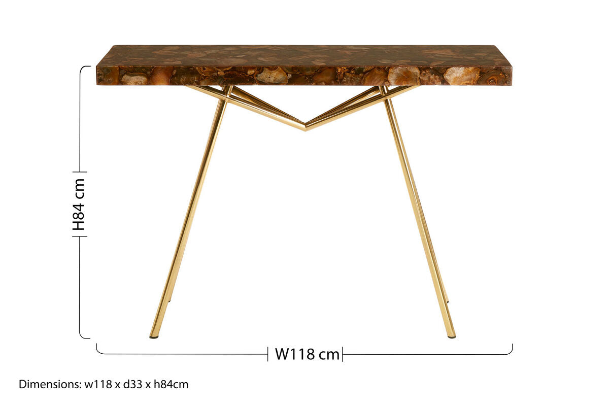 Natural Agate Console Table in Gold Warm Brass Tone Finish | Relic