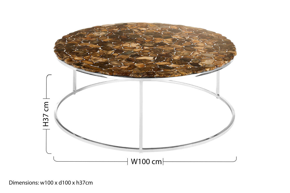 Natural Agate Top Round Coffee Table with Reflective Stainless Steel Base | Relic
