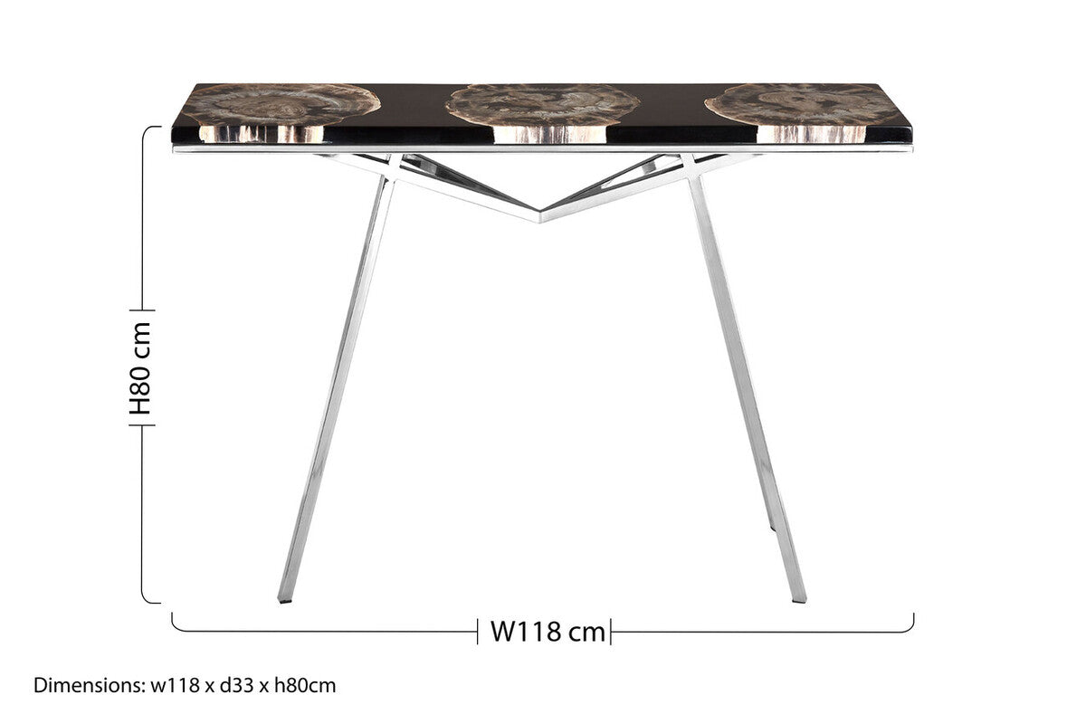 Black Resin and Wooden Console Table with Sleek Stainless Steel Silver Legs | Relic