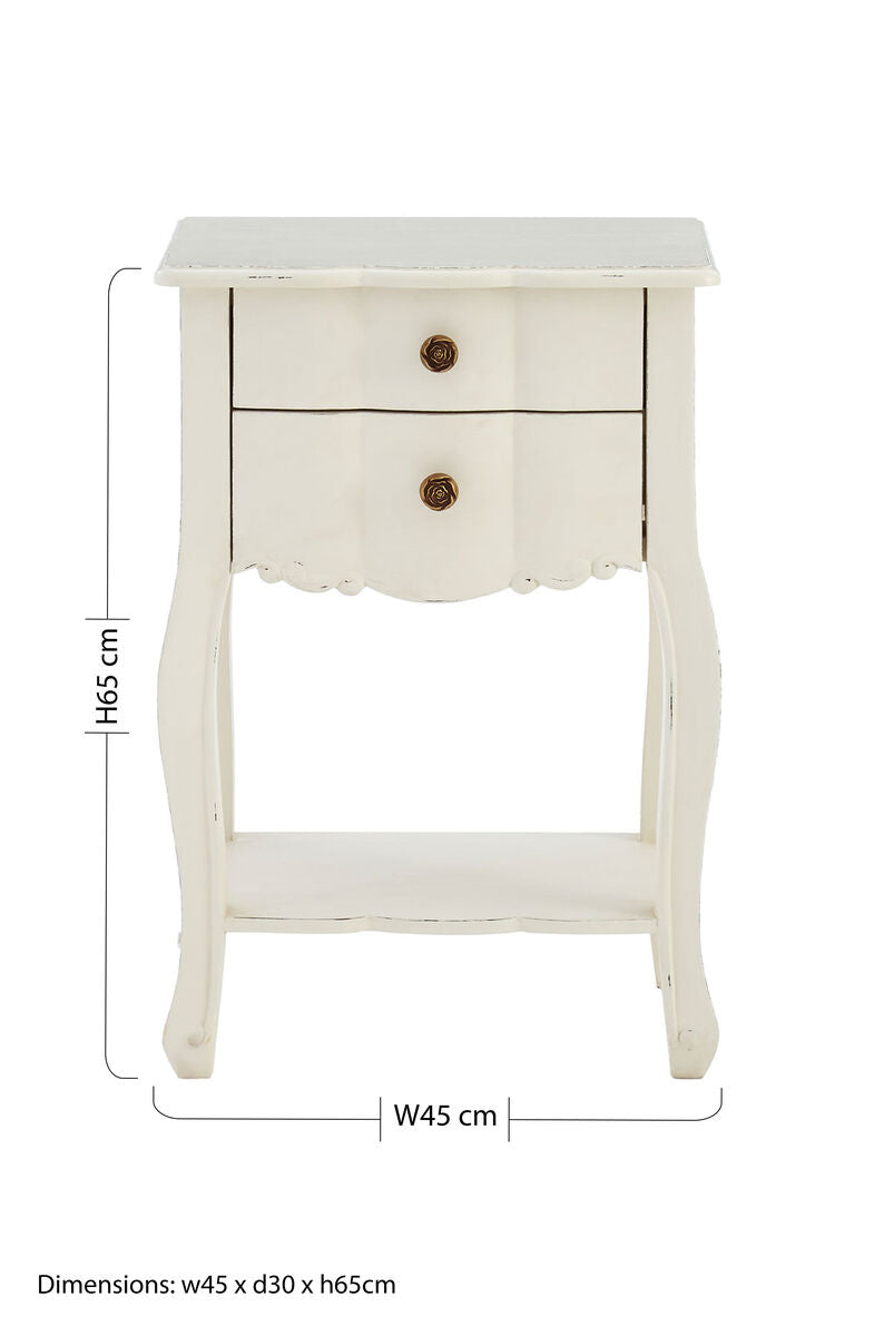 White Wooden 2-Drawer Bedside Table with Brass Finished Handles | Loire