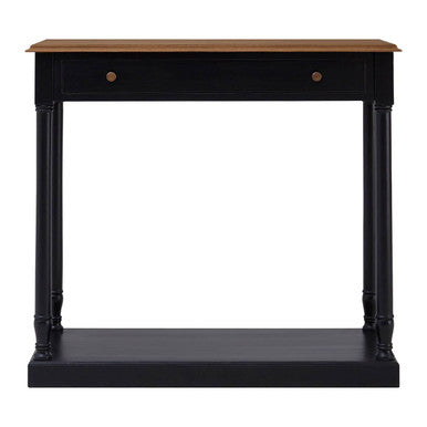 Natural Wooden Top and Black Bayur Wood 1-Drawer Console Table with Brass Handles | Loire
