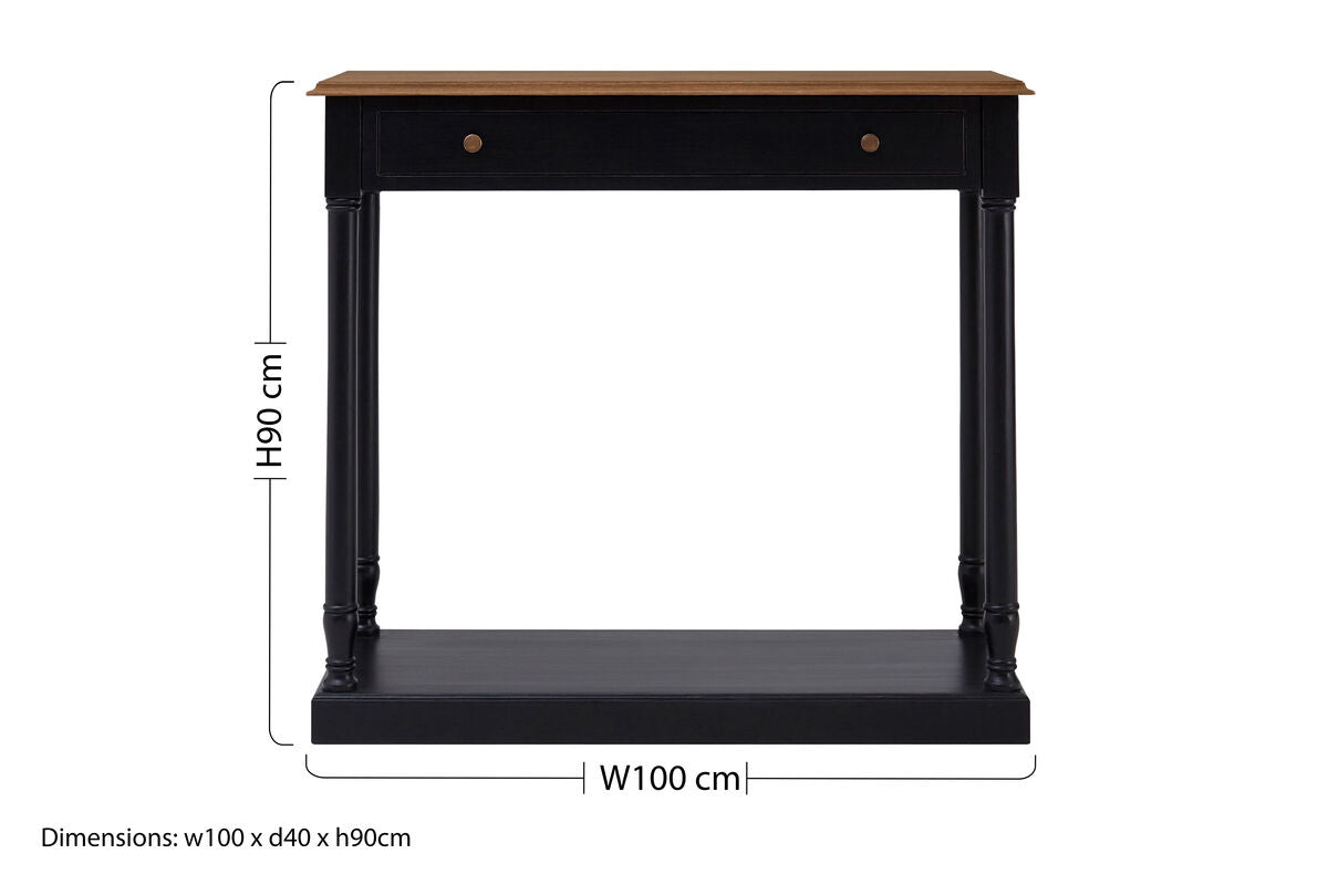 Natural Wooden Top and Black Bayur Wood 1-Drawer Console Table with Brass Handles | Loire