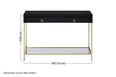 Gloss Black Wooden Cabinet Console Table with 2 Drawers and Gold Metal Frame, Kensington Townhouse