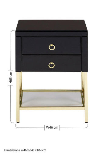Gloss Black Wooden Cabinet Side Table with 2 Drawers and Gold Metal Frame, Kensington Townhouse