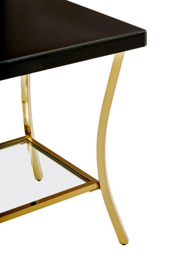 Black Mirror Glass Top and Wooden Side Table with Reflective Gold Curved Iron Legs | Kensington Townhouse