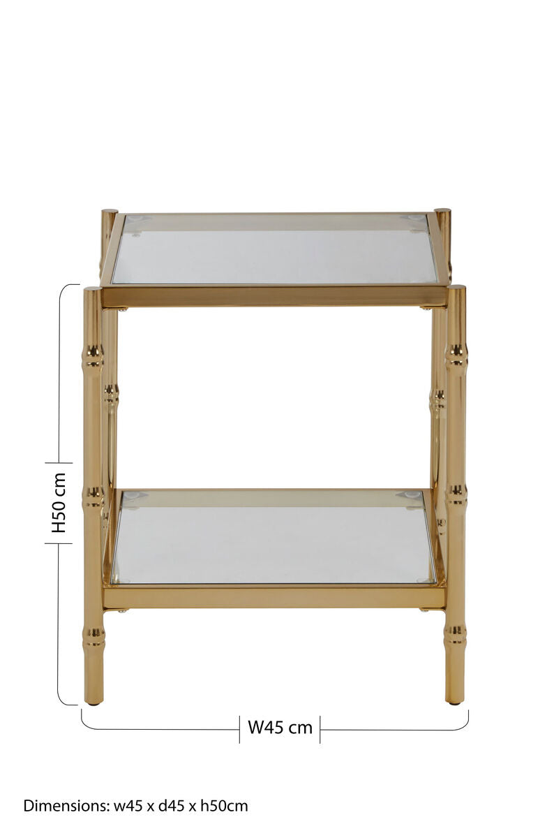 Clear Mirrored Two-Tier Square Side Table with Gold Finish Iron Frame | Kensington Townhouse