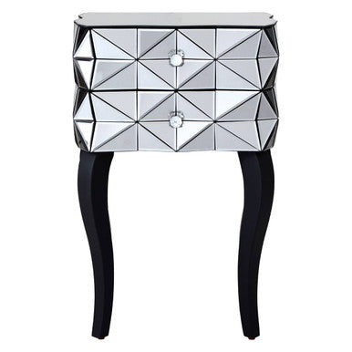 Silver Smoked 3D Geometric Glass Front 2-Drawer Bedside Table with Cut Glass Handles and Cabriole Legs | Soho