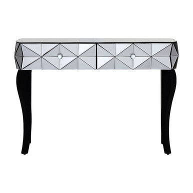 Smoke Mirrored Glass Top Two-Drawer Console Table with 3D Glass Silver Detail and Black Wood Legs | Soho