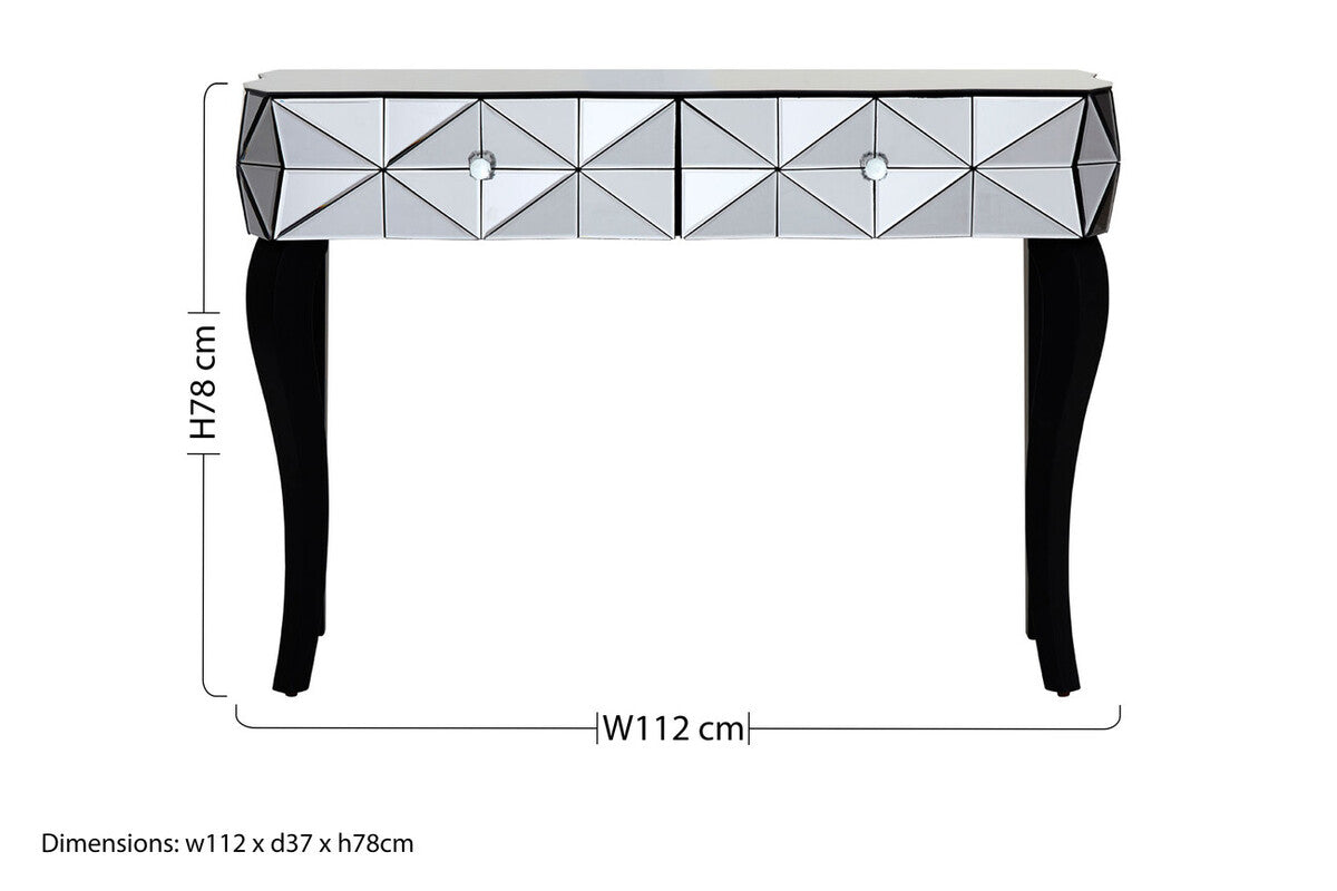 Smoke Mirrored Glass Top Two-Drawer Console Table with 3D Glass Silver Detail and Black Wood Legs | Soho